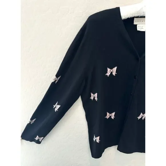 DONCASTER | Black Bow Print V Neck Cardigan Made in Italy Vintage 90s | Large - Picture 3 of 7
